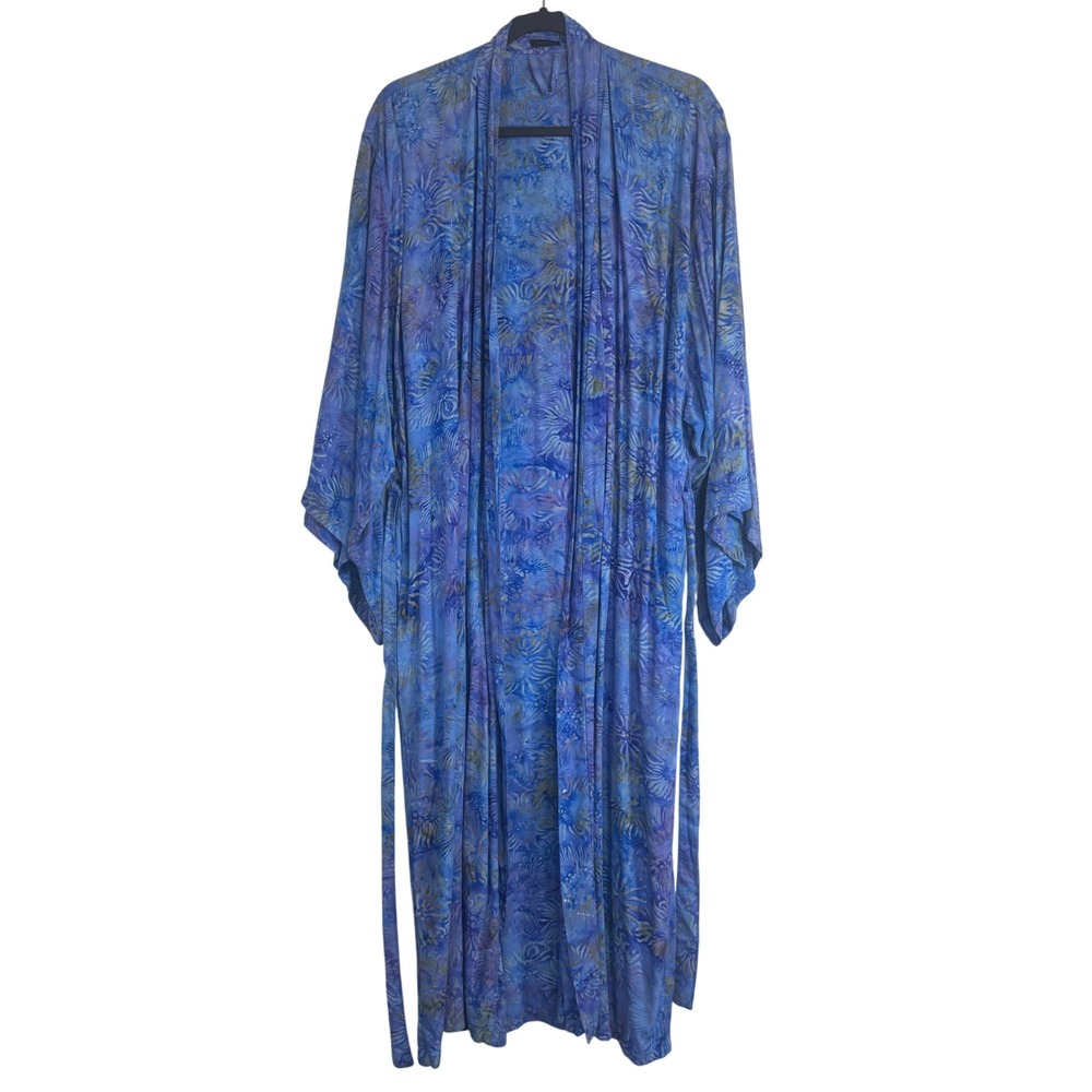 Novica Blue Purple Batik Floral Rayon Kimono Long Robe OSFM